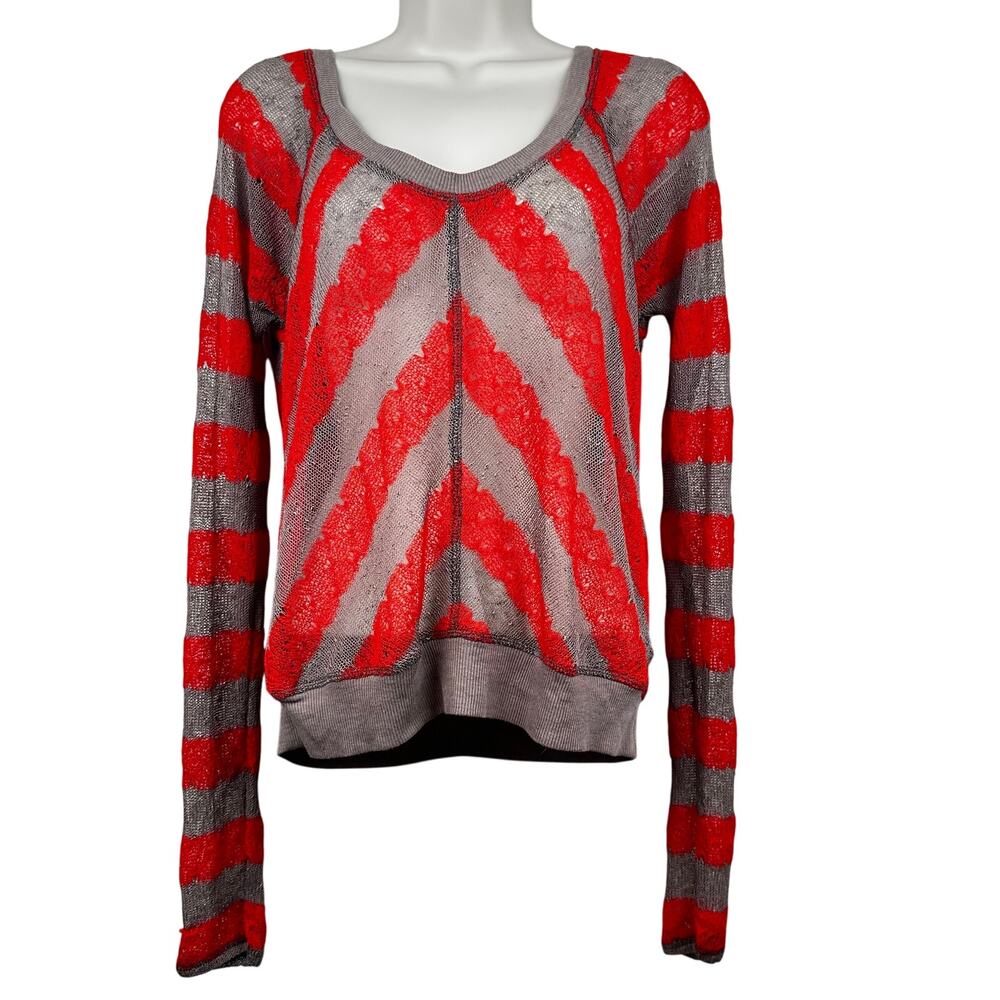 NEW Free People We the Free Sweater Boho Sheer Open Knit Chevron Orange Gray M